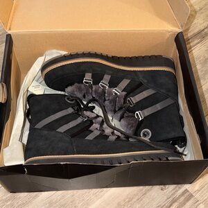 Cole Haan Black Suede Lace-Up Fur-Trim Hiking Boots
